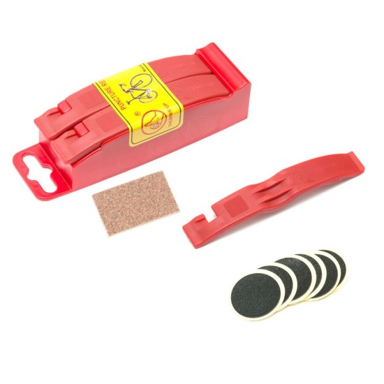 Kit vulcanizare bicicleta levier+petice, rosu